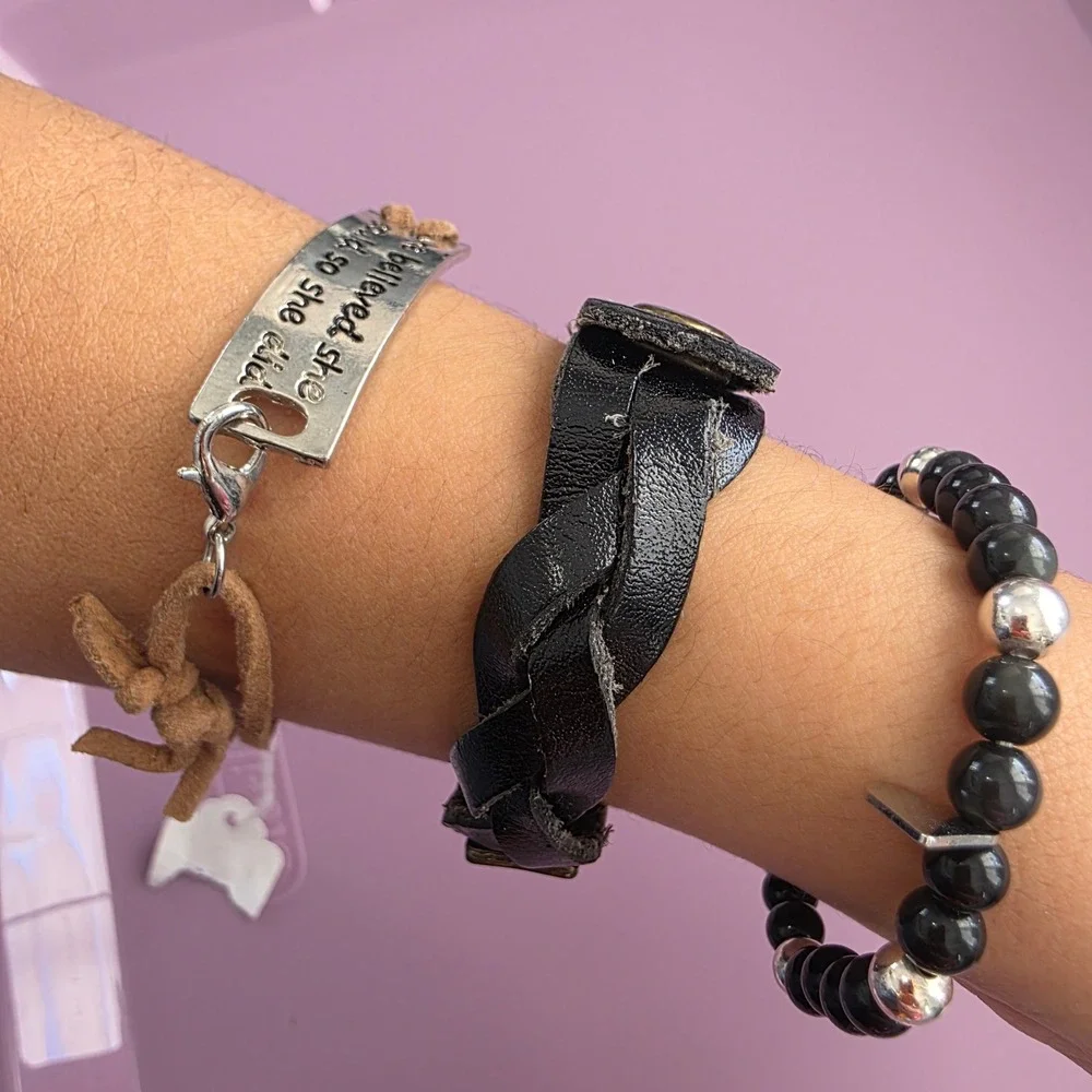 Victoria Jewels & Unbranded Bracelet Set Braided Leather Beaded Quote 3pc‎ Black